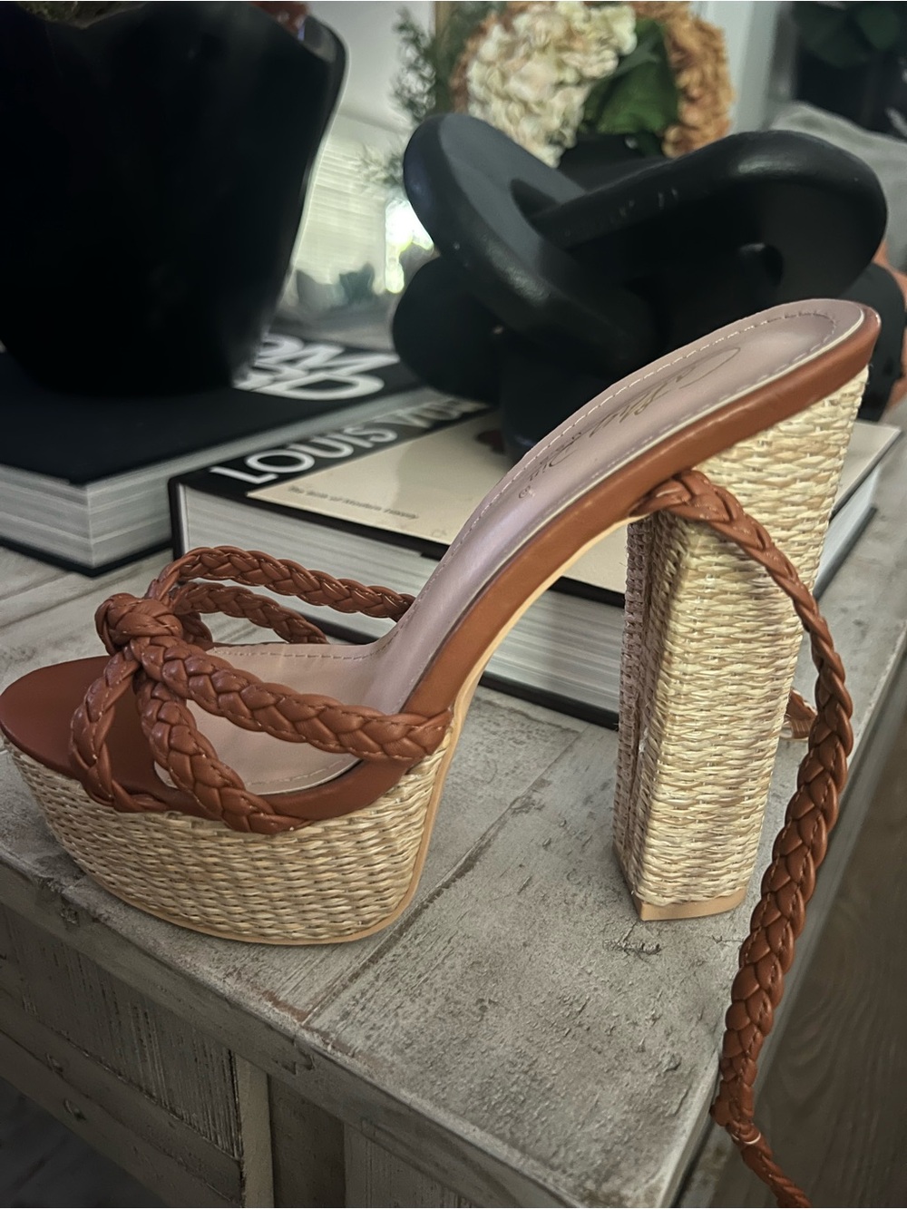Braided Tan Platform Sandal with Woven Block Heel
